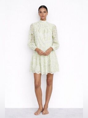 Glamorous Light Green Eyelet High-Neck Mini Dress